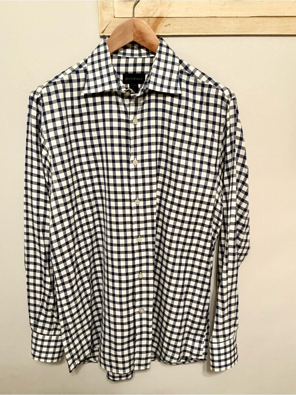 Scott Barber Men’s Large Long Sleeve Navy Blue & White Checked Button Up Shirt